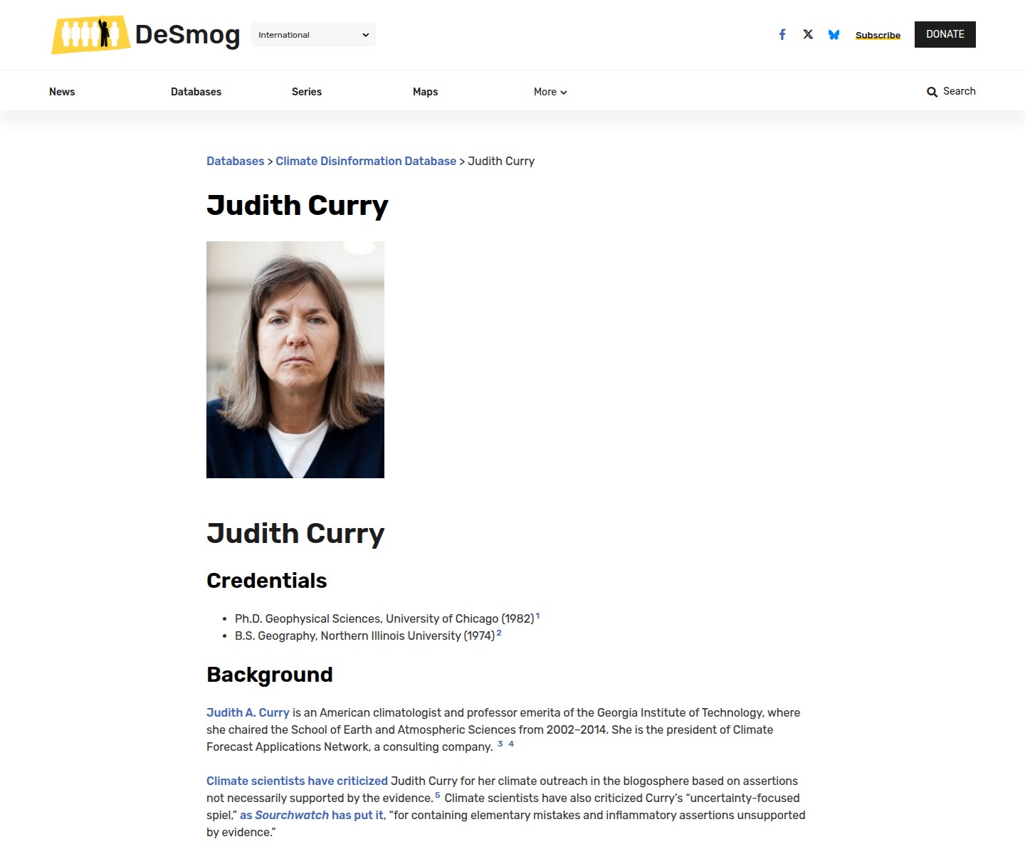 DeSmog Climate Disinformation Database profile page for Judith Curry