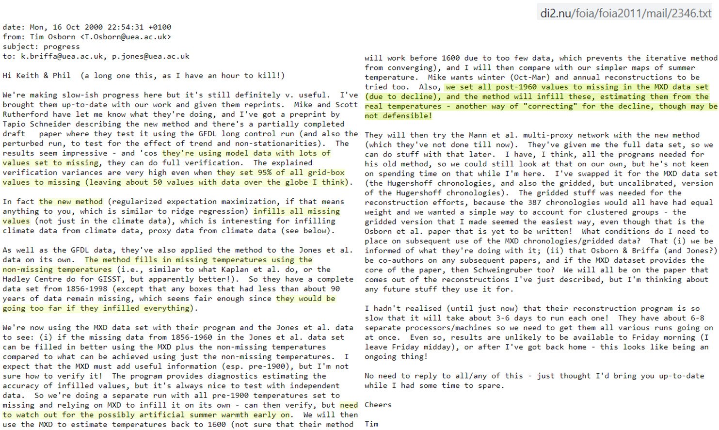 Kenneth Richard post quoting Climategate emails on hide the decline and setting post-1960 values to missing