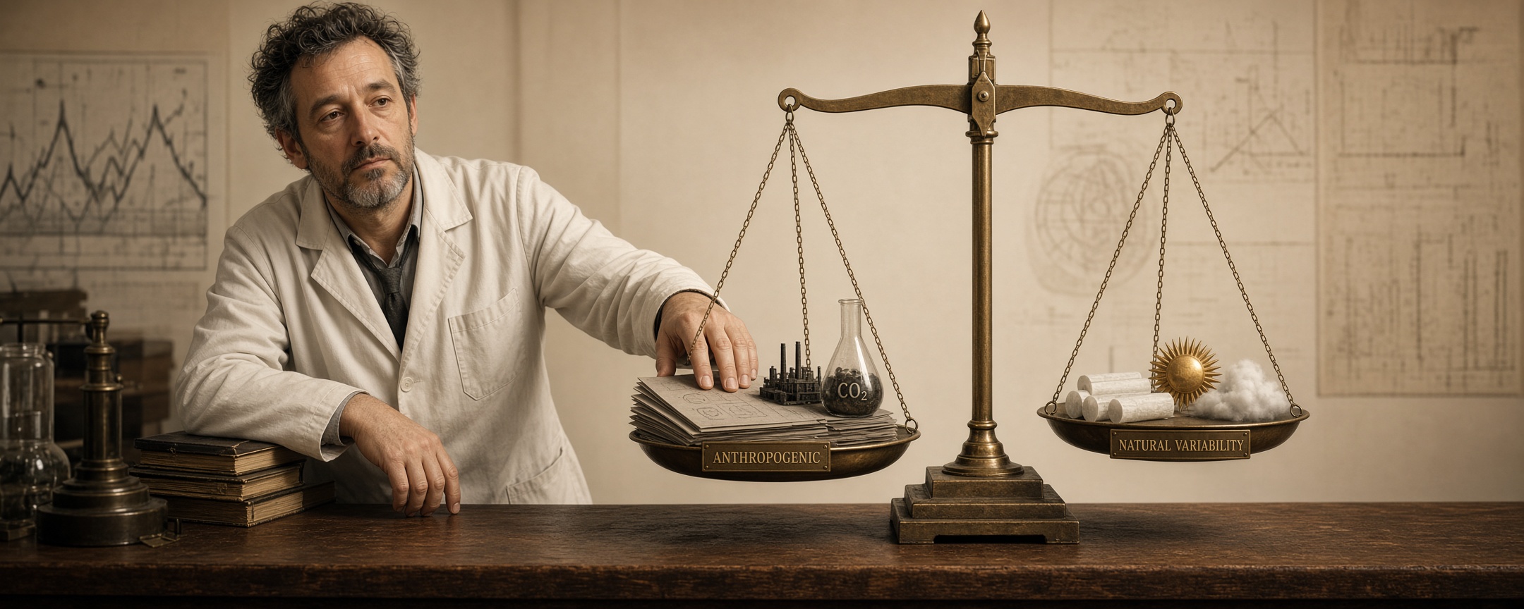 A scientist casually pressing two fingers onto the anthropogenic pan of a laboratory balance, lifting natural variability into the air.